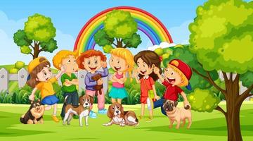 Park scene with children playing with their animals vector