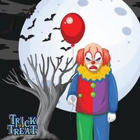 Scary clown holding balloon on full moon background vector