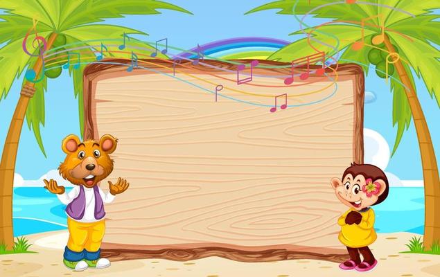 Empty wooden board with bear and monkey at the beach