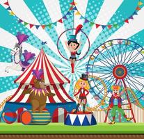 Circus animal and clown performance on bright blue rays background vector