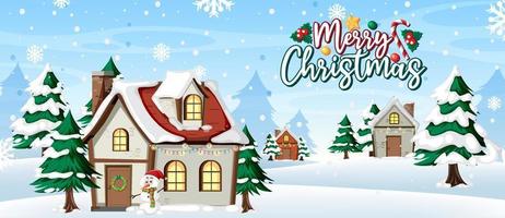 Merry Christmas banner with winter house background vector