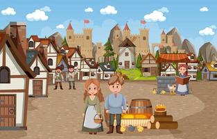 Ancient medieval town with villagers vector