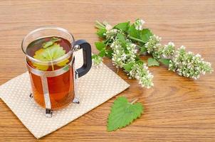 Glass of tea, fresh lemon balm and cookies on table. photo