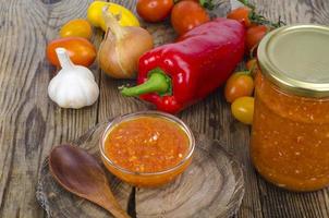 Sauce, an appetizer of seasonal vegetables in glass photo