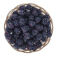 Ripe sweet black blackberries in wooden bowl photo