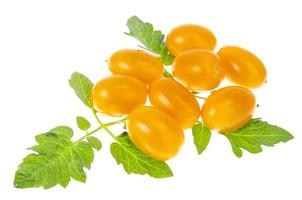 Oval yellow tomatoes on white background. Photo