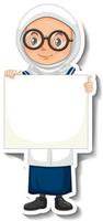 Scientist muslim girl holding empty board in sticker style vector