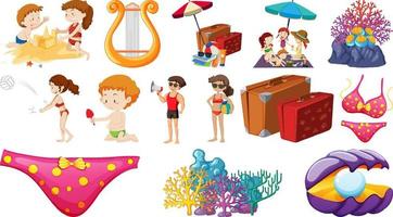 conjunto de objetos de playa de verano y personajes de dibujos animados vector