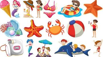 conjunto de objetos de playa de verano y personajes de dibujos animados vector