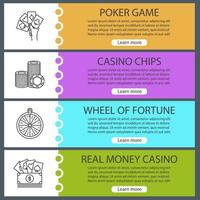 Casino web banner templates set. Poker, casino chips, wheel of fortune, real money game. Website color menu items with linear icons. Vector headers design concepts