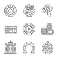 Casino linear icons set. Four aces, lucky seven, gambling chip, blackjack, roulette, casino building, horseshoe, wheel of fortune. Thin line contour symbols. Isolated vector outline illustrations