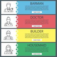 Professions web banner templates set. Housemaid, builder, doctor, barman. Website color menu items with linear icons. Vector headers design concepts