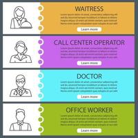 Professions web banner templates set. Waitress, call center operator, doctor, office worker. Website color menu items with linear icons. Vector headers design concepts