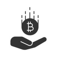 Open hand with bitcoin glyph icon. Silhouette symbol. Cryptocurrency. Negative space. Vector isolated illustration