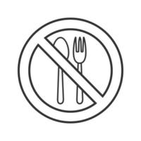 Forbidden sign with fork and spoon linear icon. Thin line illustration. No eating prohibition. Stop contour symbol. Vector isolated outline drawing