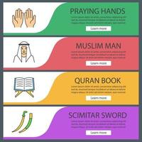 Islamic culture web banner templates set. Praying hands, muslim man, quran book, scimitar sword. Website color menu items. Vector headers design concepts