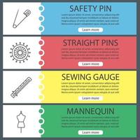 Tailoring web banner templates set. Safety ans straight pins, sewing gauge, mannequin. Website color menu items with linear icons. Vector headers design concepts