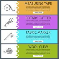 Tailoring web banner templates set. Measuring tape, rotary cutter, fabric marker pen, wool clew. Website color menu items with linear icons. Vector headers design concepts