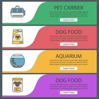 Pets supply web banner templates set. Animal carrier, canned dog food, aquarium. Website color menu items. Vector headers design concepts