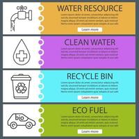 Ecology banner templates set. Bio car, recycle bin, faucet, drinking water. Website menu items with linear icons. Color web banner. Vector headers design concepts