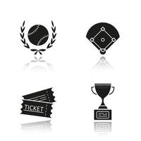 Baseball championship drop shadow black icons set. Softball ball in laurel wreath, field, tickets, winner's gold trophy cup. Isolated vector illustrations