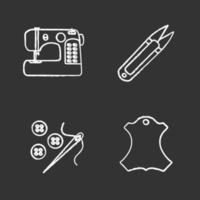 Tailoring chalk icons set. Sewing machine, thread cutter, needle and buttons, leather label. Isolated vector chalkboard illustrations