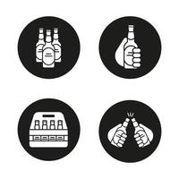 Beer icons set. Cheers, box, toasting hands with beer bottles. Vector white silhouettes illustrations in black circles