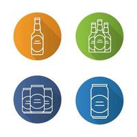 Beer flat linear long shadow icons set. Beer bottles and cans. Vector line symbols