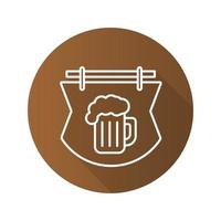 Wooden bar signboard. Flat linear long shadow icon. Tavern. Pub sign with foamy beer glass. Vector line symbol