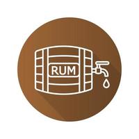 Rum wooden barrel. Flat linear long shadow icon. Alcohol barrel with tap and drop. Vector line symbol