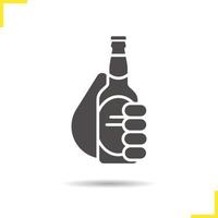 Hand with beer bottle glyph icon. Drop shadow silhouette symbol. Toasting hand holding beer. Negative space. Vector isolated illustration