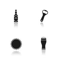 Beer drop shadow black icons set. Beer bottle, opener, cap and full foamy glass. Isolated vector illustrations