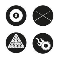 Billiard icons set. Pool equipment. Cuesports accessories. Eight ball, cues, ball rack and burning ball. Vector white silhouettes illustrations in black circles