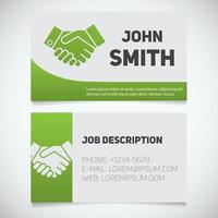 Business card print template with handshake logo. Manager. Negotiator. Stationery design concept. Vector illustration