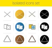 Billiard icons set. Flat design, linear, black and color styles. Chalks, cues, triangle ball rack. Vector