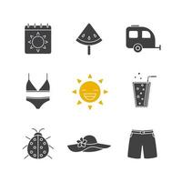 Summer glyph icons set. Silhouette symbols. Calendar, watermelon slice on stick, trailer, swimsuit, rising sun, lemonade, ladybug, beach hat, swimming trunks. Vector isolated illustration