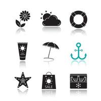 Summer drop shadow black icons set. Flower, sun and cloud, lifebuoy, sunbathing cream tube, beach umbrella, anchor, seastar, summer sale, portable fridge with beer. Isolated vector illustrations