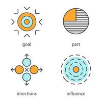 Abstract symbols color icons set. Goal, part, directions, influence. Isolated vector illustrations