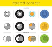 Abstract symbols icons set. Linear, black and color styles. Overlapping, part, vulnerability concepts. Isolated vector illustrations