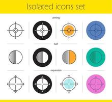 Abstract symbols icons set. Linear, black and color styles. Aiming, expansion, half symbols. Science and business related pictograms. Isolated vector illustrations