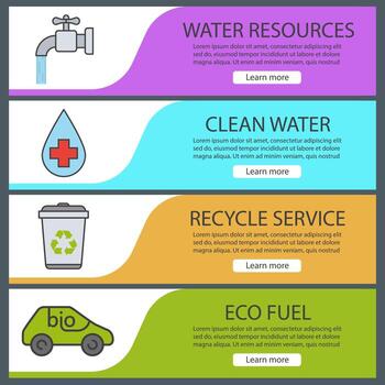 Ecology banner templates set. Easy to edit. Water resources, recycle service, eco car, clean water. Website menu items. Color web banner. Vector headers design concepts