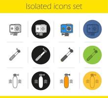 Action camera icons set. Linear, black and color styles. Floating grip, action cam in protection case, monopod. Isolated vector illustrations