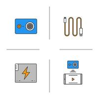 Action camera color icons set. Mini USB cable, battery, action camera to smartphone wireless connection. Isolated vector illustrations