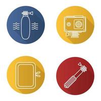 Action camera flat linear long shadow icons set. Floating grip, gadget protective case, monopod. Vector line illustration