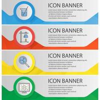 Chemical lab banner templates set. Easy to edit. Beaker with rod, molecular science and analysis, ring stand with flask website menu items. Color polygonal web banner concepts. Vector backgrounds