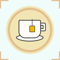 Teacup color icon. Mug on plate with teabag. Isolated vector illustration