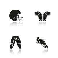 American football player's uniform. Drop shadow black icons set. Helmet, shoulder pad, shoe, shorts. Isolated vector illustrations