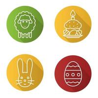 Easter flat linear long shadow icons set. Easter bunny, lamb, cake with candle and eggs. Vector line illustration