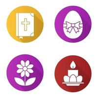 Easter flat design long shadow icons set. Holy Bible, Easter egg with bow and ribbon, violet, eggs and candle on plate. Vector silhouette illustration