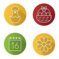 Easter flat linear long shadow icons set. Newborn chicken, April 16 day, flower, Easter eggs in basket. Vector line illustration